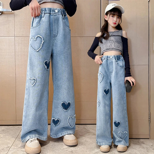 2025 Spring Autumn Girls Love Rough Edges Jean Korean Version Style Kids Middle Waist Cowboy Pants Elastic Waist Long Pants