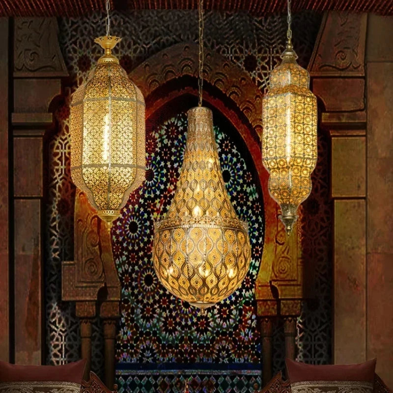 Vintage Antique Hollow Carving Pendant Lamp Southeast Asia Moroccan Golden Hanging Light Restaurant Bar Industrial Pendant Light