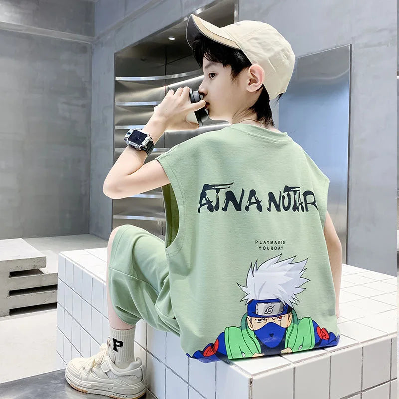 Summer Boys Cotton Sleeveless Cartoon T-Shirt Tops+Shorts Workout Sets School Kids 2PCS Tracksuit Children Jogging Outfit 5-16Yr