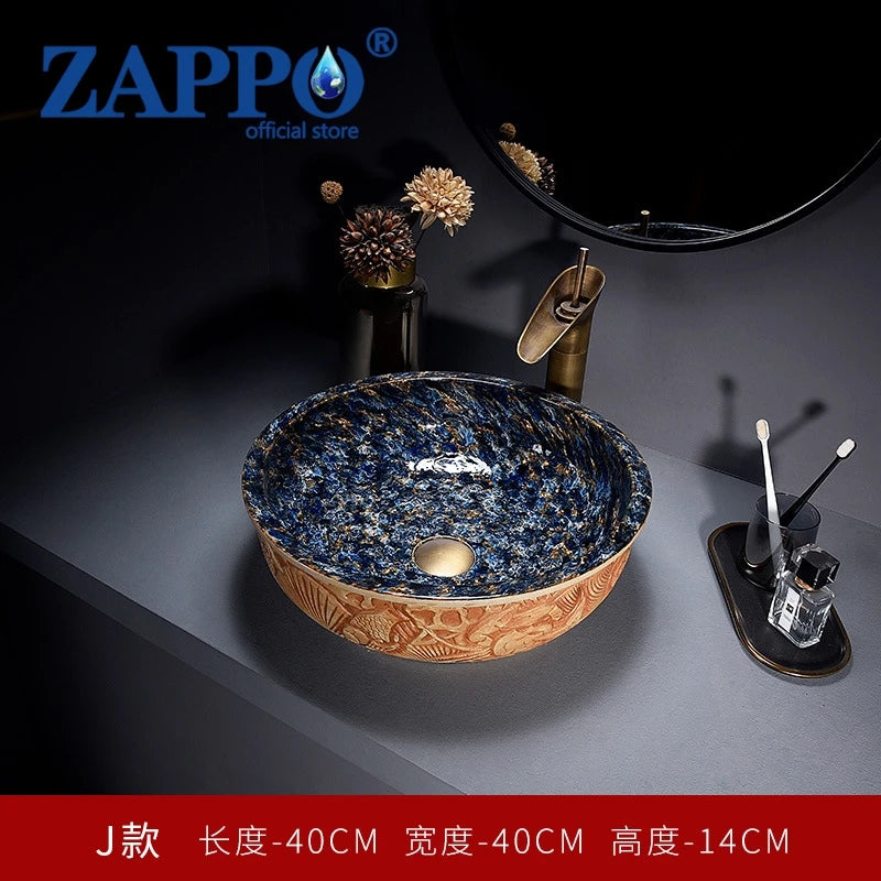 ZAPPO Round Vessel Sink with Faucet Drain JinDezhen Ceramic Vessel Sinks Oval Bathroom Sink Bowl Above Counter with Mixer Tap