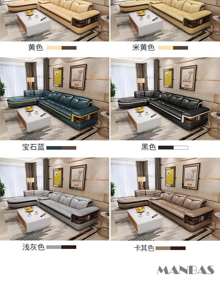 Luxury L-Shaped Genuine Leather Sectional Sofa Sets with USB, Bluetooth Speaker - Linlamlim Living Room Italian Leather Couches