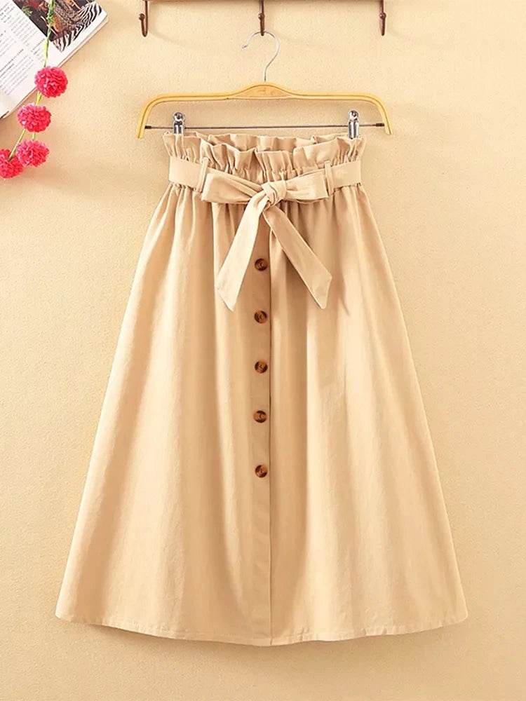 Summer Autumn Skirts Womens Midi Knee Length Korean Elegant Button High Waist Skirt Female Pleated School Skirt - AIAZ