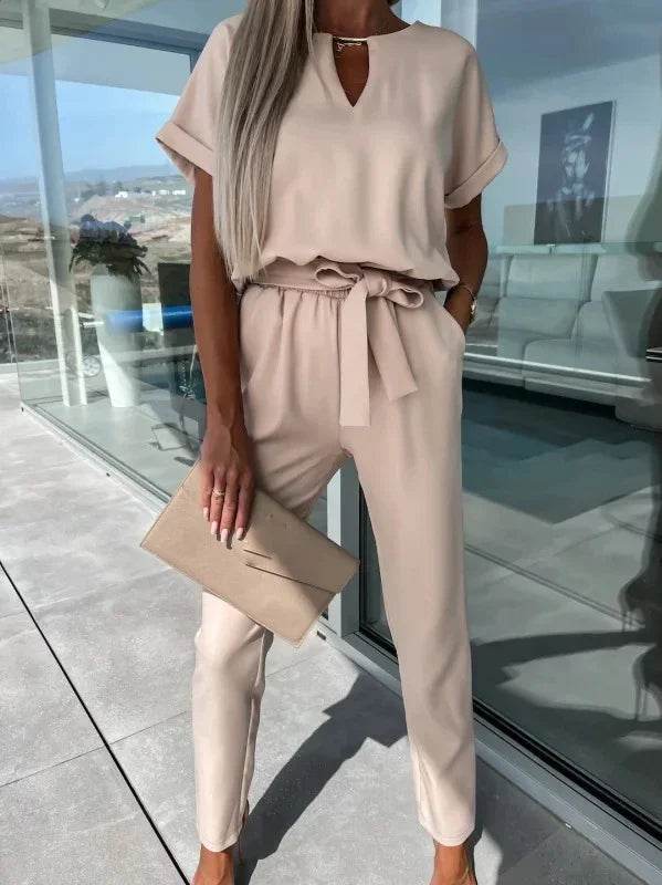 Jumpsuit Women 2023 Solid Color Short Sleeve V-neck Pocket Lace-up Pencil Long Pants Jumpsuits Summer Outfits Bodysuits - AIAZ