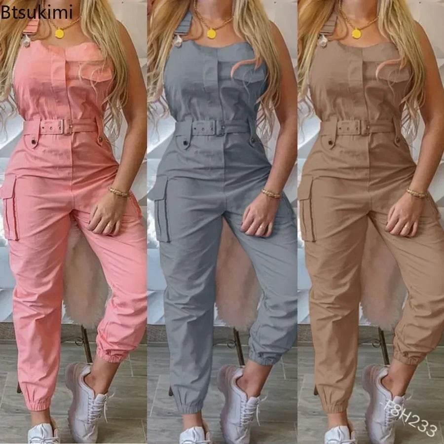 2025 Women's Casual Jumpsuits Cargo Playsuit Sleeveless O Neck Jumpsuit With Pocket and Belt Elegant Pencil Pants Loose Overalls - AIAZ