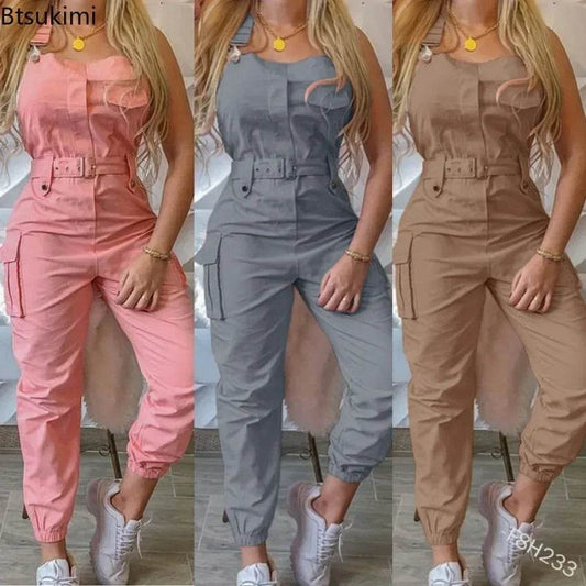 2025 Women's Casual Jumpsuits Cargo Playsuit Sleeveless O Neck Jumpsuit With Pocket and Belt Elegant Pencil Pants Loose Overalls - AIAZ
