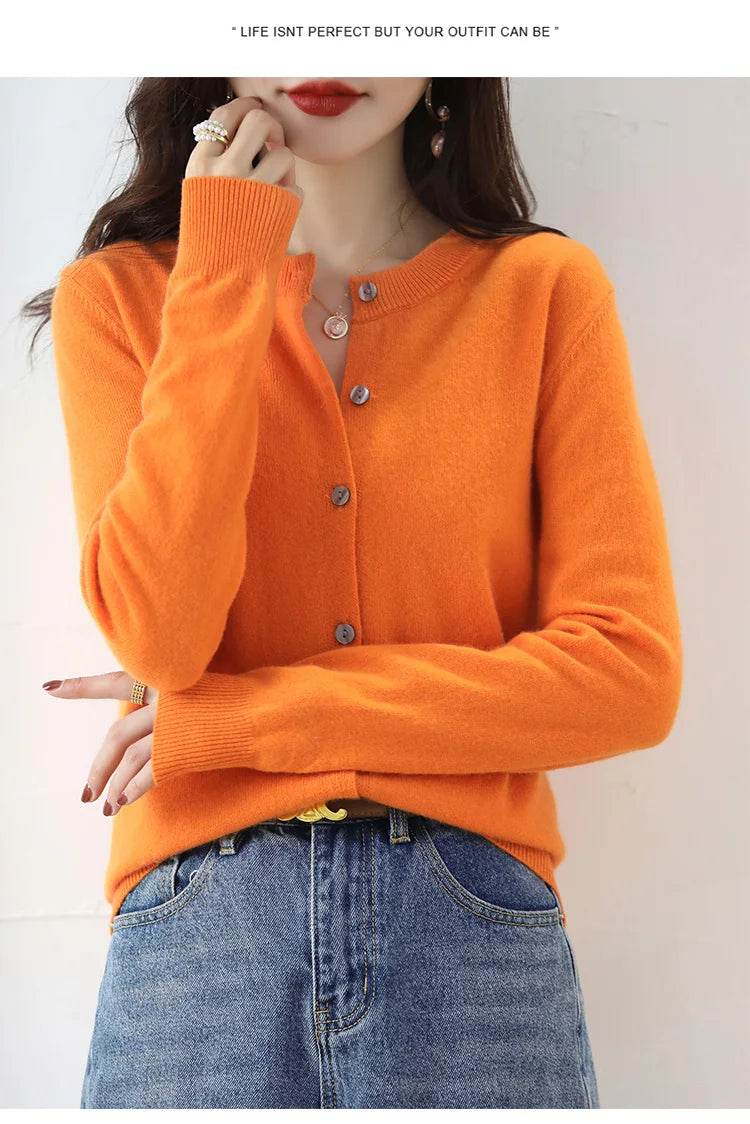 Knitted Cardigan Women's Sweater Autumn And Winter 2022 New Solid Color Coat Round Neck Short Long Sleeve Loose Korean Fashion - AIAZ
