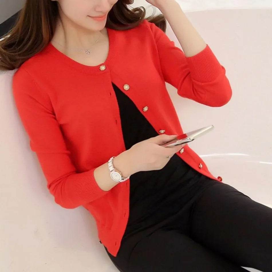 Cardigan Women's Thin Spring Autumn with Neck Slim-fit Shirt Short Top Solid Color Sweater Small Coat Cardigan White Cardigan - AIAZ