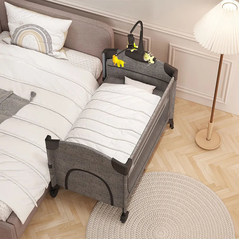 Baby Crib Multifunctional Simple with Mosquito Net Foldable Removable Children's Patchwork Playpen Bedside Crib with Toys