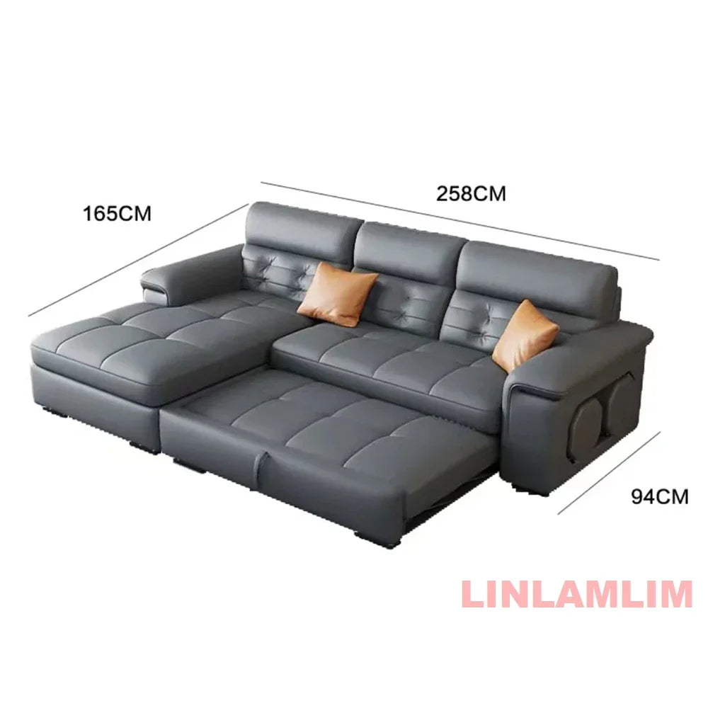 MINGDIBAO Sectional Sofa Bed with Storage, Genuine Leather Reclining Couch, Space-Saving Convertible Sleeper Sofa in Living Room