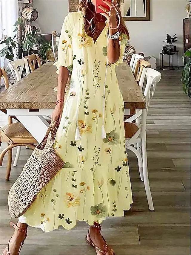 New Women's Spring Summer Dress Sexy V-neck Drawstring Printed Long-sleeved Dress Casual Loose Fashion Elegant Fresh Sweet Dress - AIAZ
