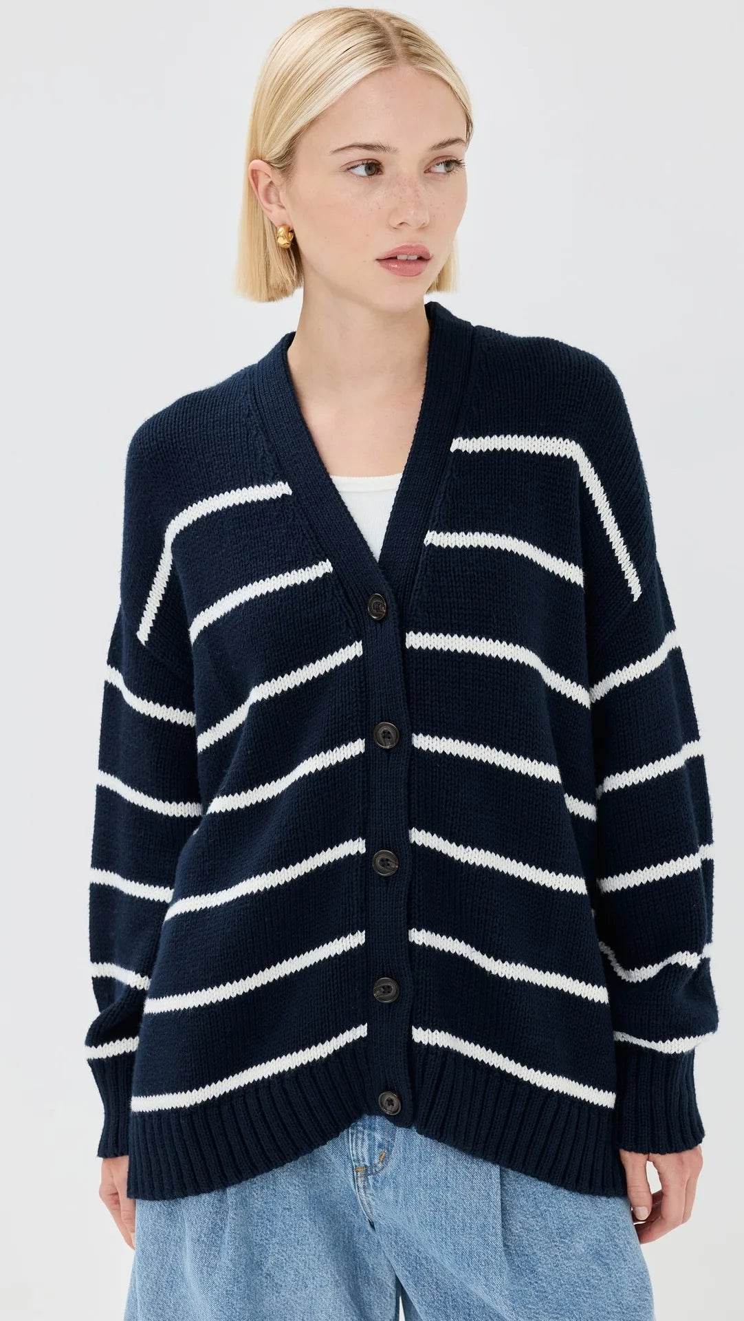 Casual Stripe Knitted Cardigan For Women 2025 Autumn Winter Single Breasted V-Neck Sweater Female Loose Coat - AIAZ