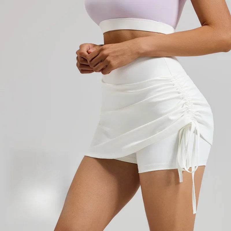 Shirring Sports Skirts with Safety Trousers for Women High Elastic Fashion Casual Fitness Skirts Fake Two Pieces Yoga Skirts - AIAZ