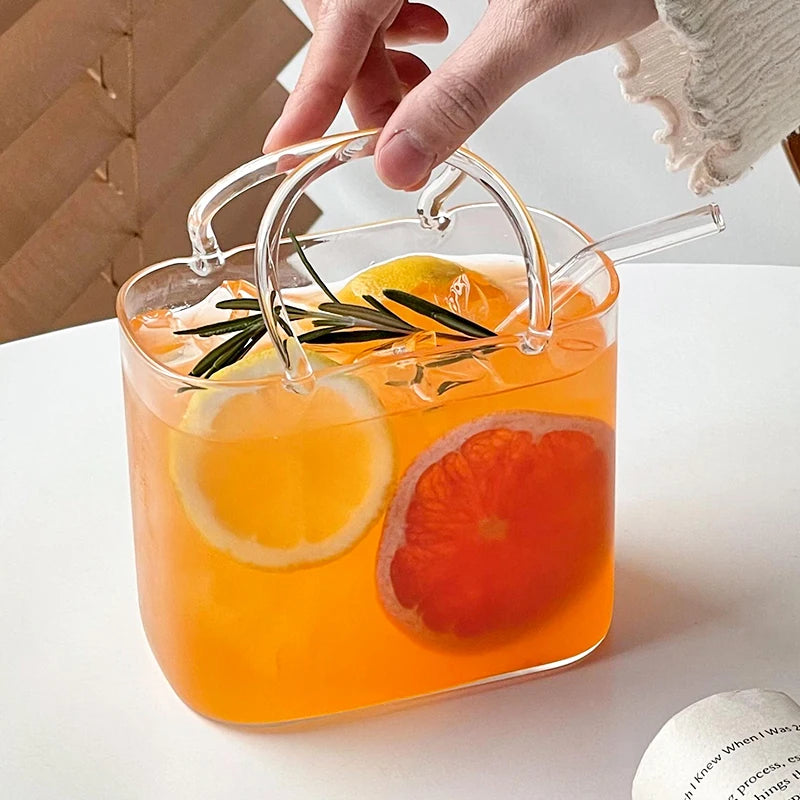 770 Ml Handbag Glass Beverage Cup Cocktail Glass Wine Cups with Straw Creative Fruit Tea Juice Mug for Home Special Drinkware