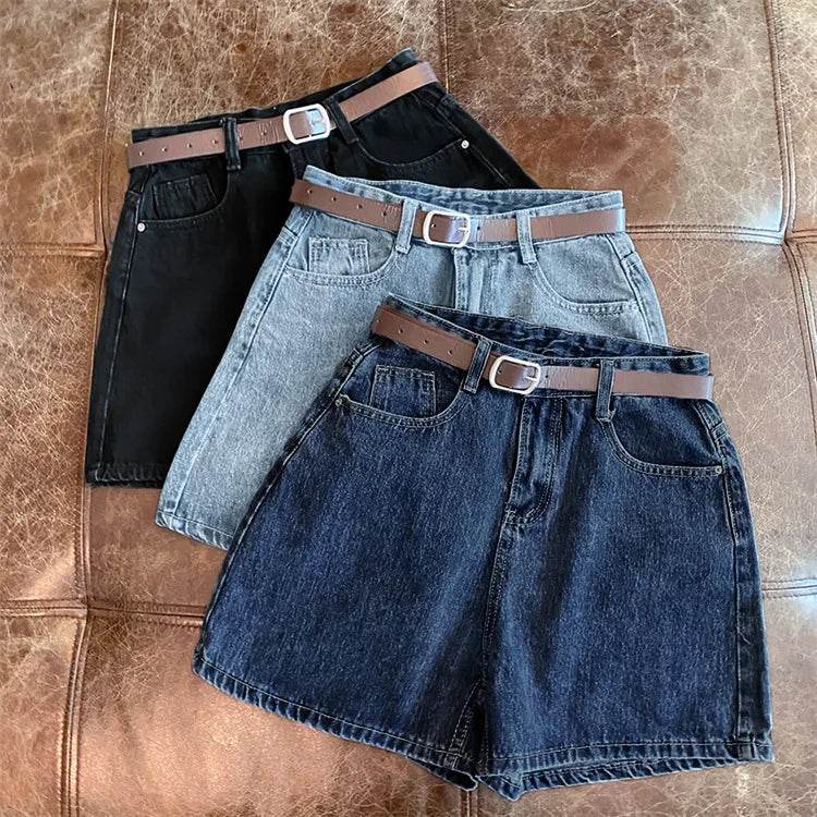 Denim shorts women's summer new trendy Instagram high waist simple slimming loose wide leg versatile A-line hot pants - AIAZ
