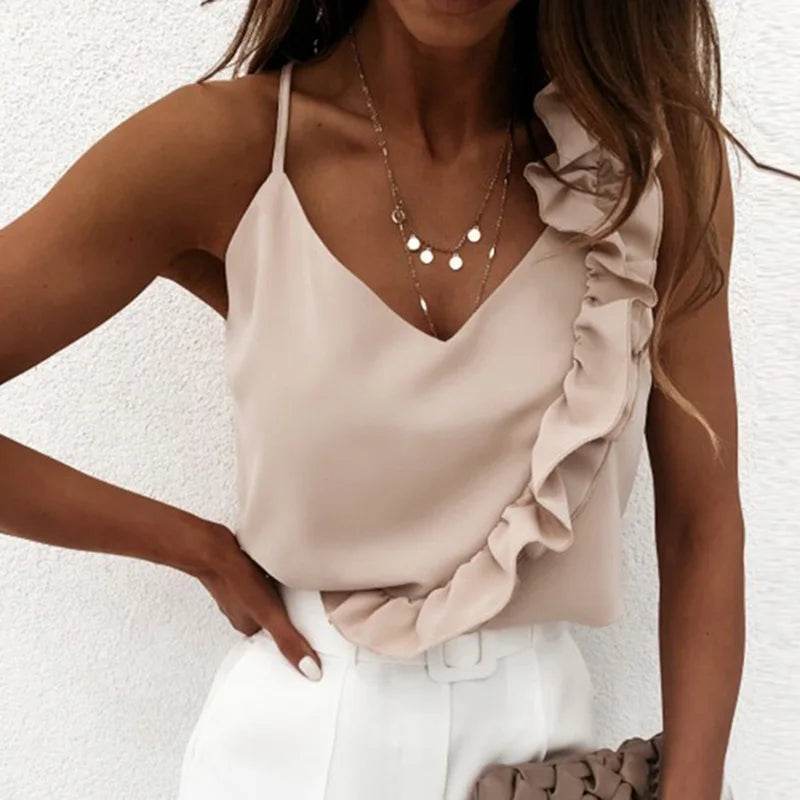 Women's summer shirt sexy V-neck ruffled shirt asymmetrical backless thin shoulder strap office women's sleeveless casual top - AIAZ