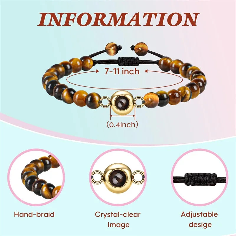 Natural Stone Beads Personalized Picture Bracelet Pink Zebra Stone Custom Photo Projection Bracelet Memorial Gifts for Women Men