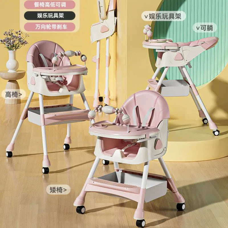 Portable Kids Dining Chair,Reinforced Steel Frame Non-Slip Base,Foldable with Wheels Adjustable Tray,Multi-Use Highchair