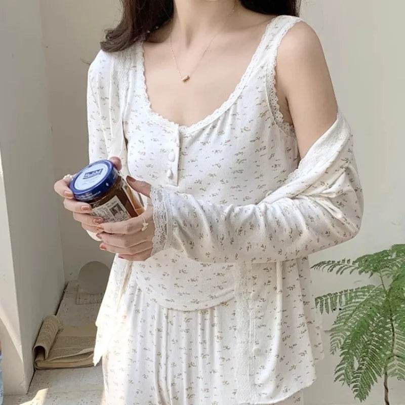 Three-Piece Pajama Set for Women Floral Lace Sweet Cardigan Camisole Homewear Long Sleeves Long Pants Fancy Underwear Ladies - AIAZ