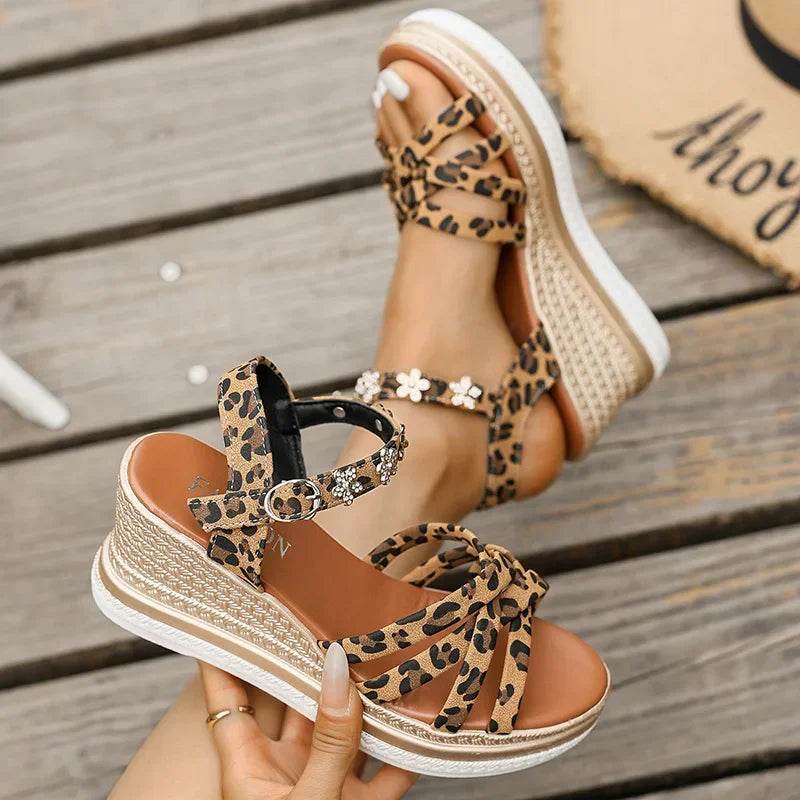 2025 Leopard Print Wedge Heel Sandals Women Fashion Crystal Flowers Thick Bottom Sandalias Mujer High Heeled Platform Sandles 43 - AIAZ