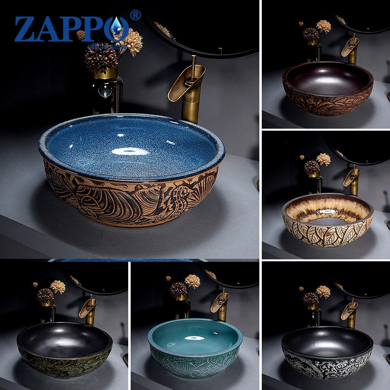 ZAPPO Round Vessel Sink with Faucet Drain JinDezhen Ceramic Vessel Sinks Oval Bathroom Sink Bowl Above Counter with Mixer Tap