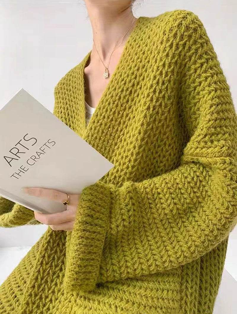 Korean Cardigan Sweater for Women Autumn Winter Loose Lazy Style Female Midi Knit Coats Fashion V Neck Casual Big Pocket Jumpers - AIAZ