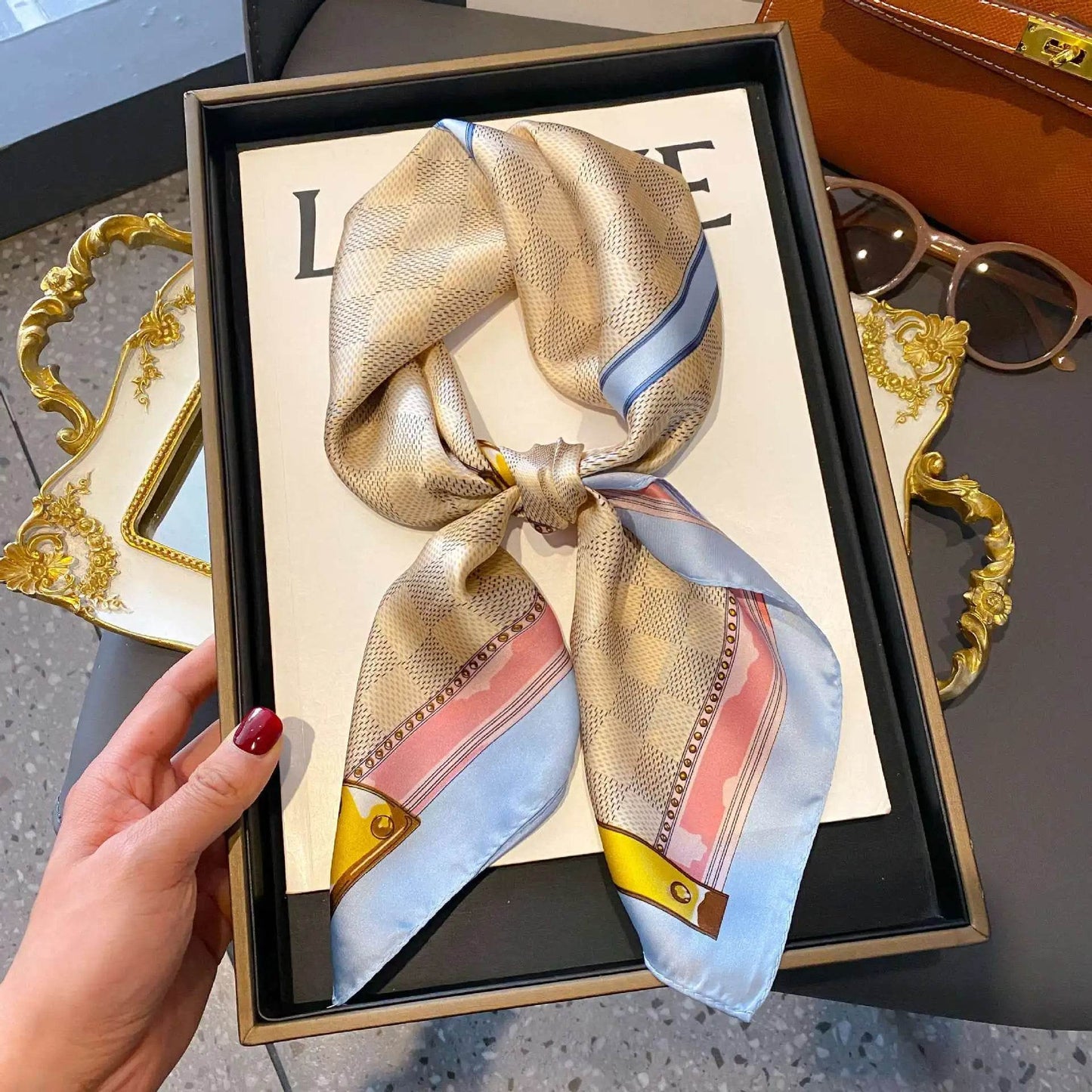 2025 NEW Hijab Head Girl Luxury Silk Square Plaid Scarf Women Satin Neck Hair Tie Band Soft Work Neckerchife Organza Scarf - AIAZ