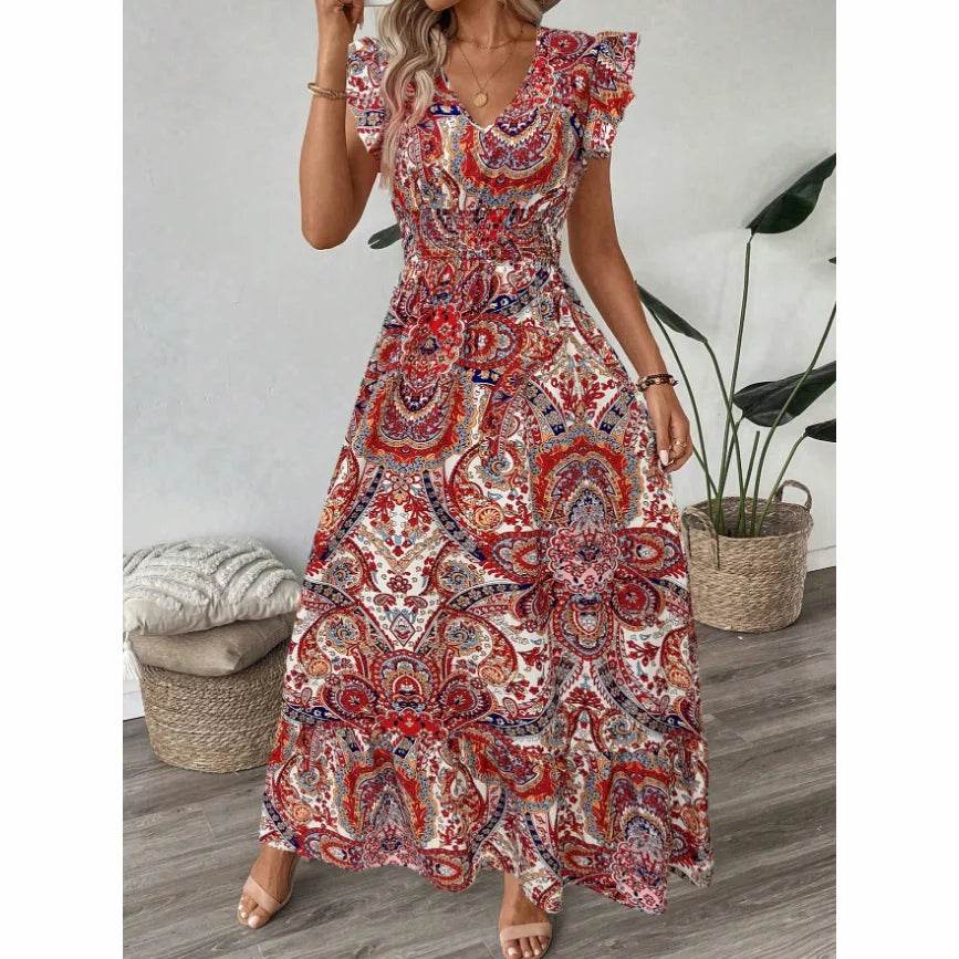 new dresses 2025 woman vestidos para mujer vintage dress Printed V-neck fashion dress Loose ruffle long dresses - AIAZ