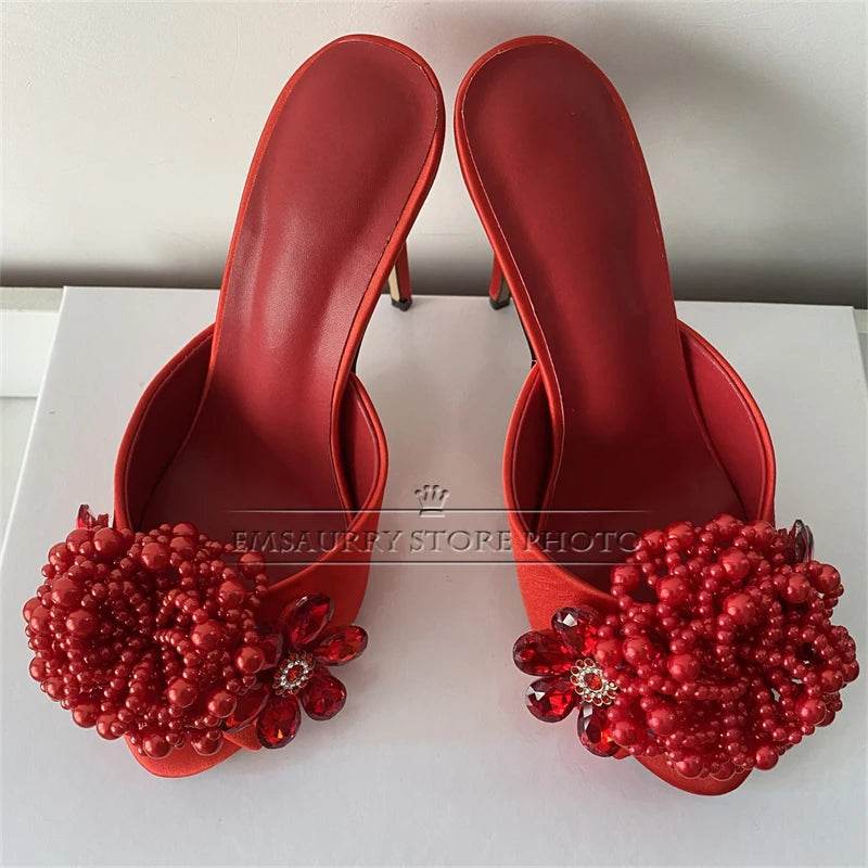 Crystal Beads Flower Decor Sandals Women 10cm Stiletto Heel Slingbacks Luxury Satin Summer Mules For Girls - AIAZ