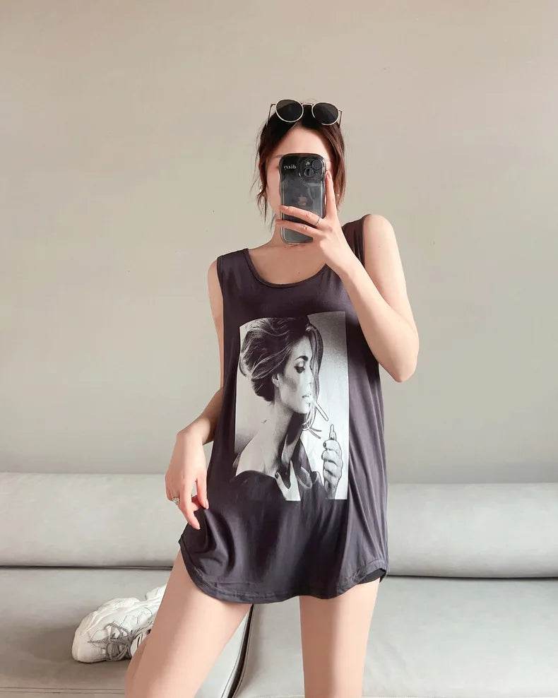 Women Long Tank Tops O-Neck Fashion Print Beauty's Head Casual Loose sleeveless T-shirt streetwear camis tops - AIAZ
