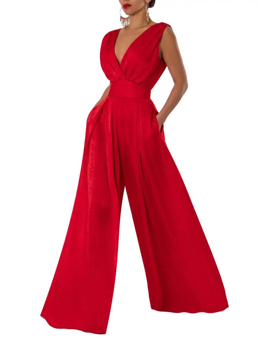 Jumpsuit Women Summer New Sleeveless Sexy Deep V-neck Solid Color High Waist Wide Leg Jumpsuits Elegant Commuting Lady Playsuits - AIAZ