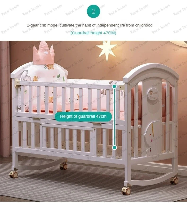 Solid wood spliced crib Multifunctional European style children's bed Movable newborn cradle large bed Baby Rest Chair