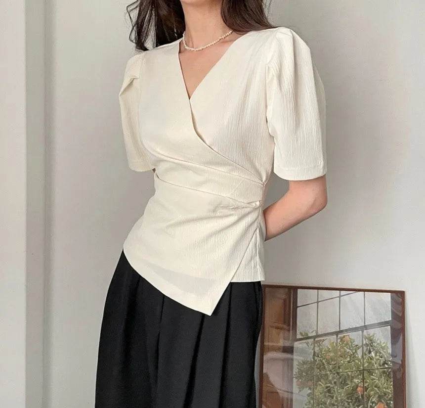 Women Blouse 2025 Spring Summer Solid Tucked V Neck Slim Blouse Elegant Short Sleeve Asymmetrical Top For Women Hot Sale - AIAZ