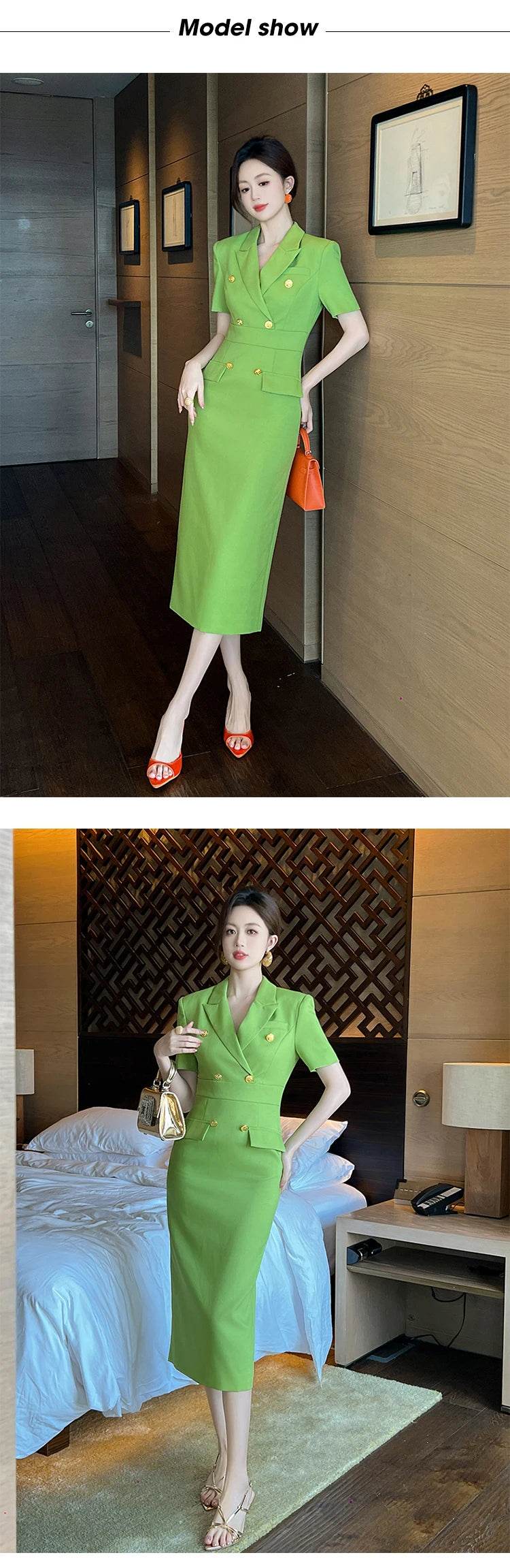 Fashion Elegant Business Dresses Women Clothes Sweet OL Professional Double Breasted Midi Robe Meeting Work Style Party Vestidos - AIAZ
