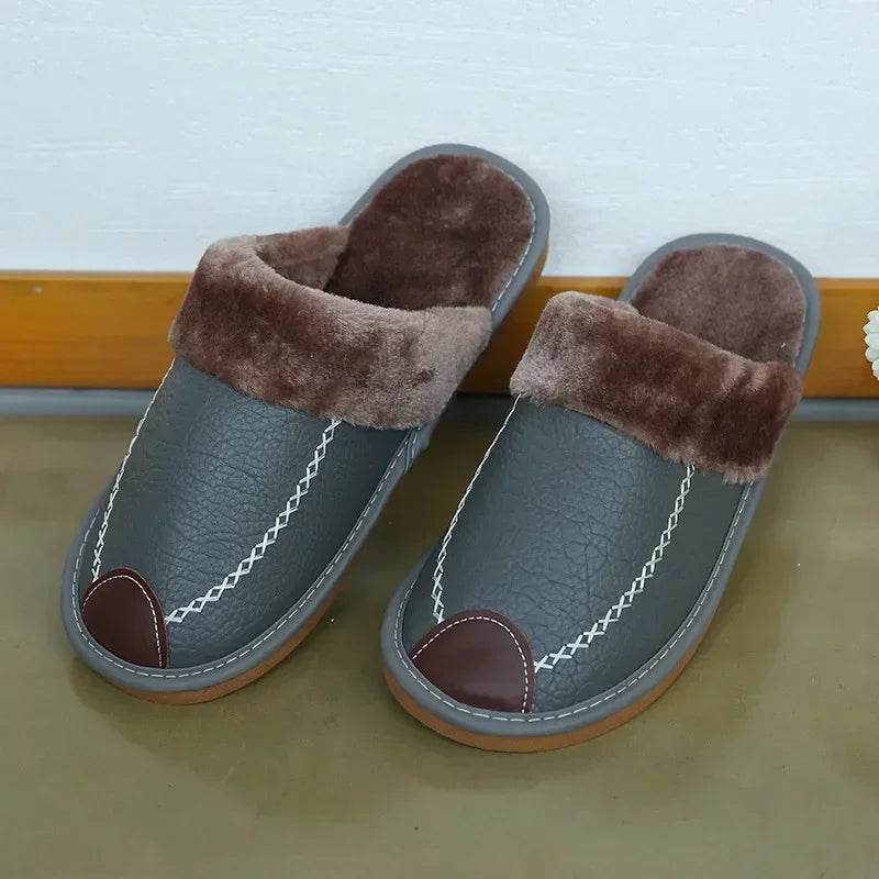 Men Winter Leather Slippers Bedroom Cotton Slippers Male Waterproof Thick Plus Velvet Indoor Warm House Home Slippers Shoes - AIAZ