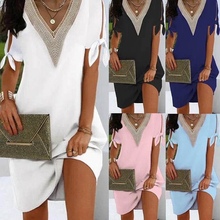 Elegant Dresses For Women V Neck Off Shoulder Patchwork Design Casual Office Lady Mini Dress White Loose Beach Holiday Dress y2k - AIAZ