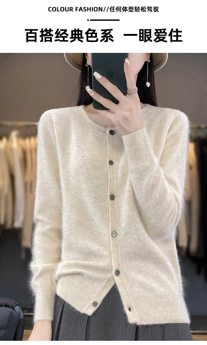 Women's Cardigan 100% Mink Cashmere Sweater,O-Neck Long Sleeve Top,Plus-Size Loose,Spring and Autumn Soft Knitted Jacket Female - AIAZ