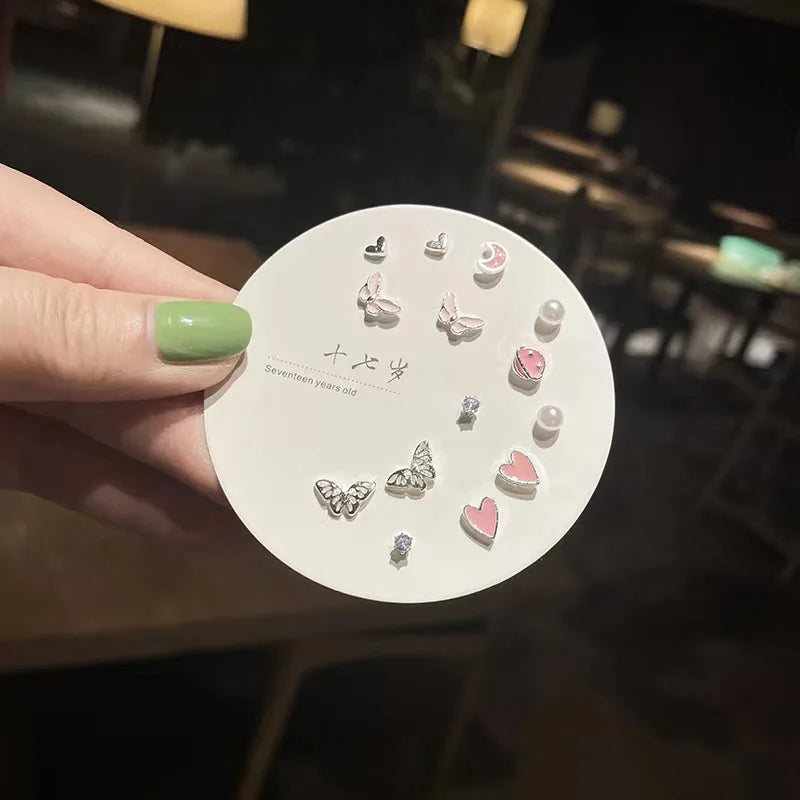 7 Pair/Set Korean Silver Color Fashion Geometric Female Small Earrings Multiple Pairs of Butterfly Cute Stud Earrings Jewelry