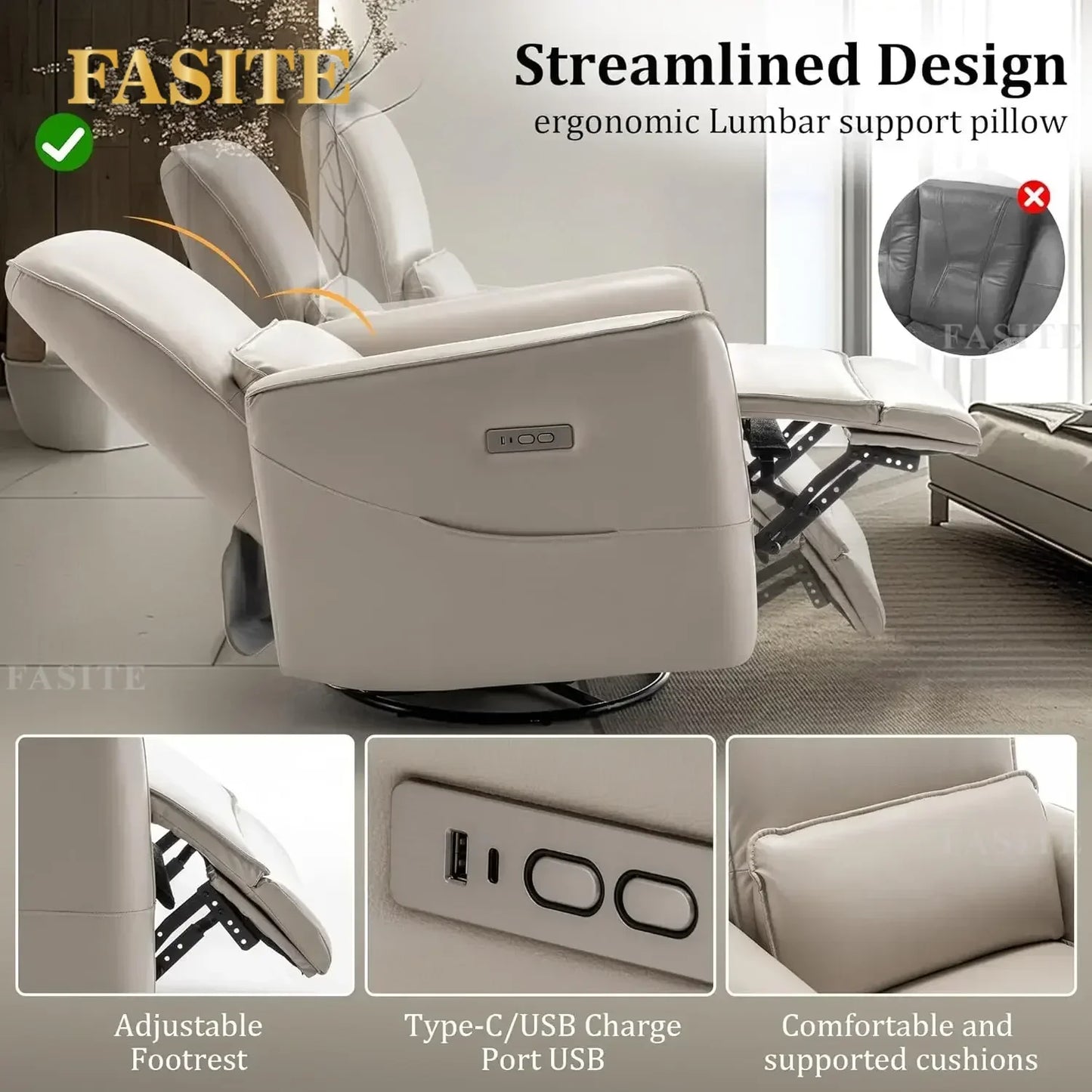 Nordic Minimalist Electric Swivel Recliner Chair, Power Rocker, Glider Nursery,Rocking of Faux Leather