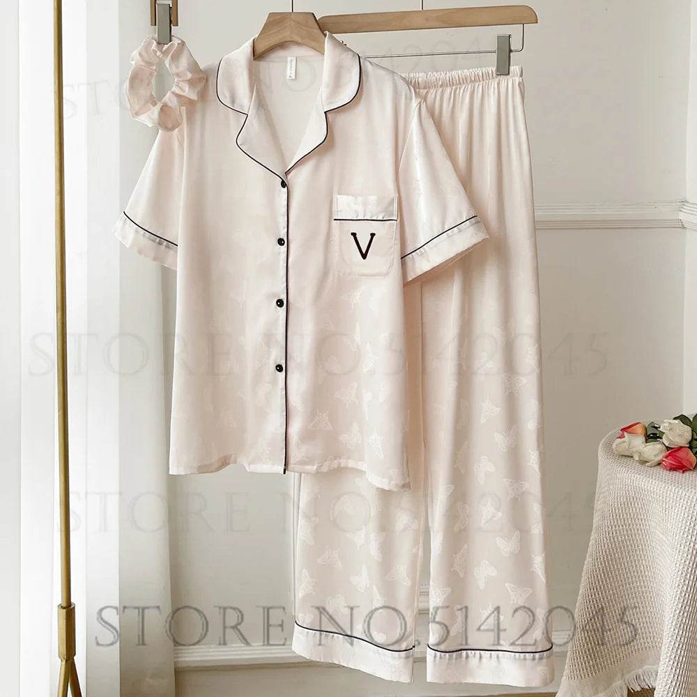 Summer Short Sleeve Pajamas Set Trouser Suits Women Sleepwear Elegant Pink Jacquard Butterfly Pyjama Pour Femme Satin Homewear - AIAZ