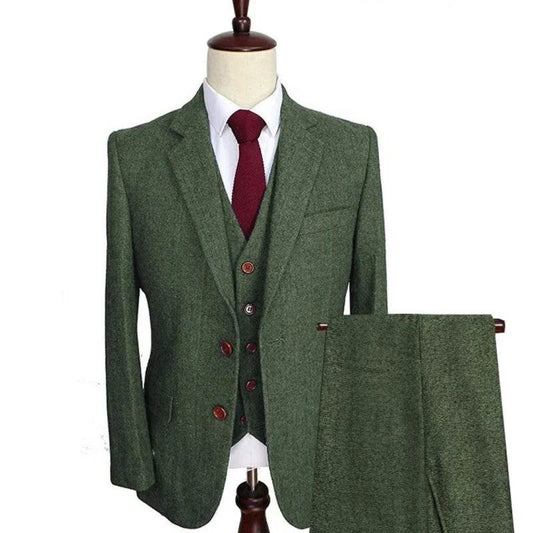 Men Suit 3 Pieces Army Green Tweed Formal Lapel Notch Regular Wedding Groom Banquet Work Tuxedos Set Jacket Vest With Pants - AIAZ