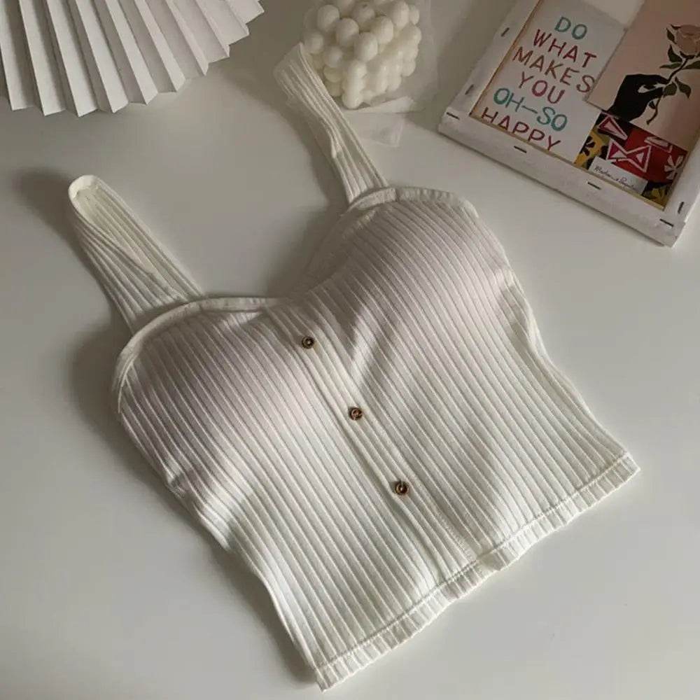 Women's Ribbed Tank Tops Y2K Cropped Tops with Bra Pads Knitted Button Down Suspenders Vest Sexy Camisole Female Short Tops - AIAZ