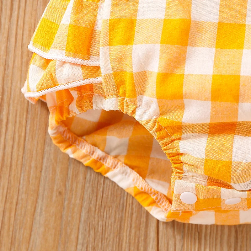 Newborn Baby Girl Bubble Cotton Plaid Flying Sleeve Climbing Suit With Buttocks+Headwear