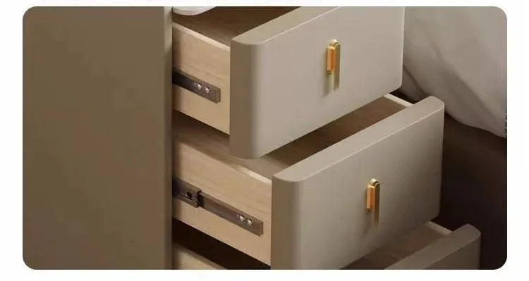 Nordic Style Intelligent Solid Wood Bedside Table Faux Leather 3 Drawers Nightstands with Wireless Charging Side Storage Cabinet
