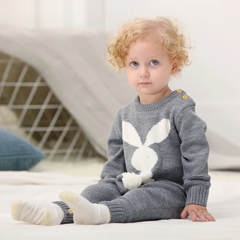 Cute Rabbit Knitted Baby Rompers Clothes Spring Autumn Crew Neck Long Sleeves Newborn Boys Girls Easter Jumpsuits Outfits 0-18m