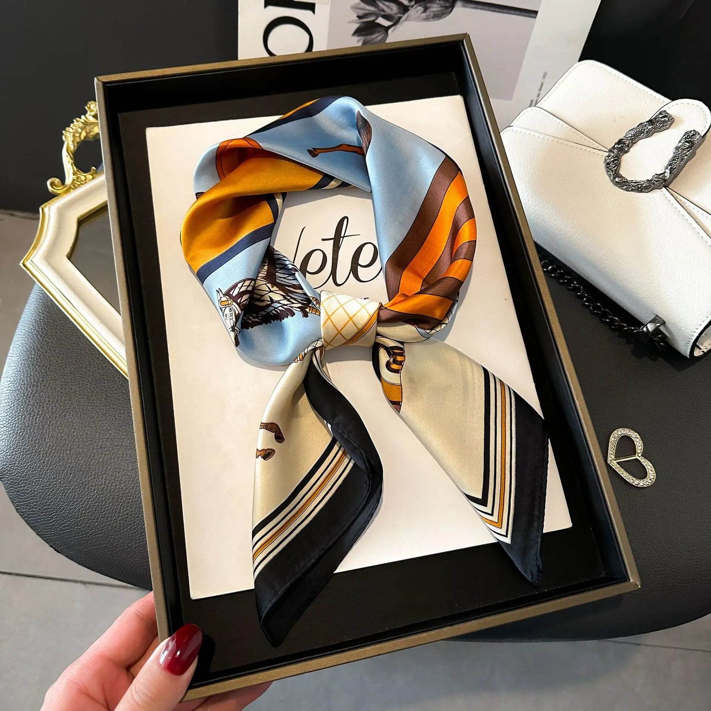 Luxury Chain Print Small Square Scarf Simulated Silk Thin Neck Scarf Fashion Sunscreen Headscarf For Women 70x70cm - AIAZ