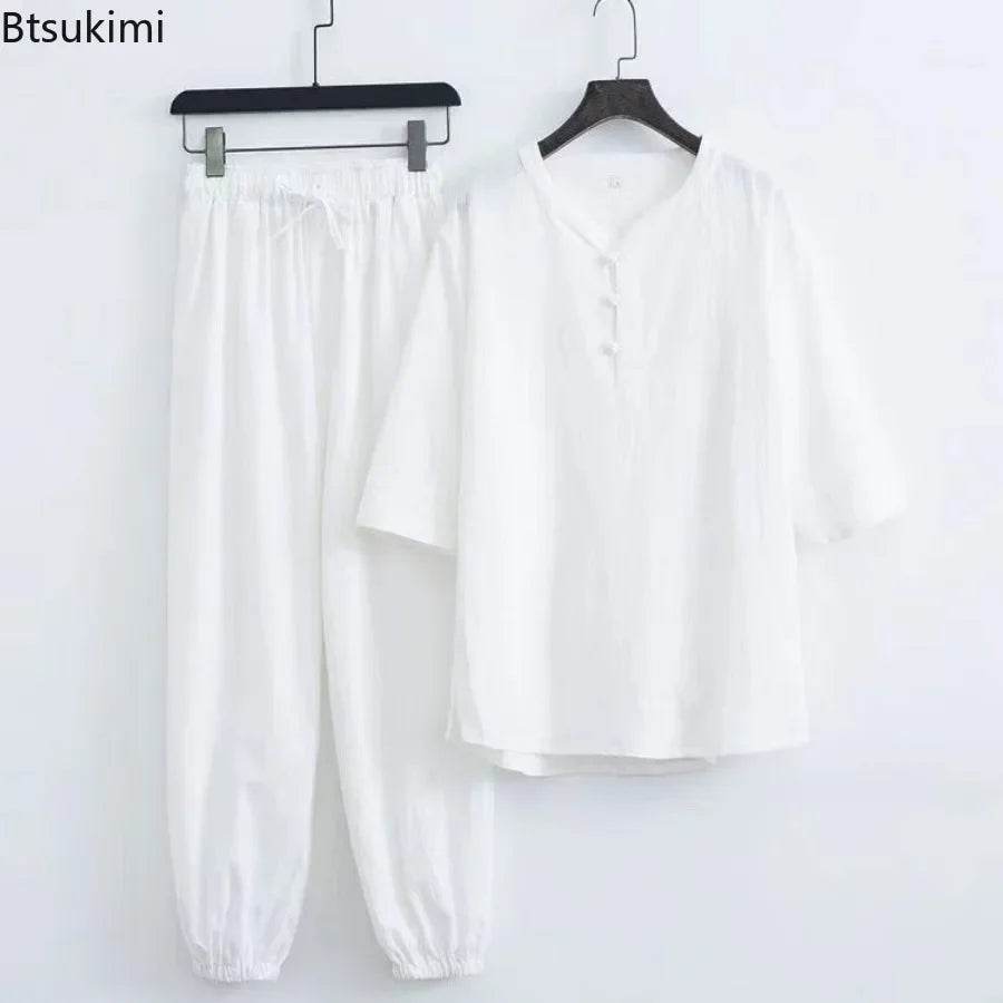 New Men's Cotton Linen Sets Chinese Style Solid Short Sleeve Pants Two Pieces Traditional Clothes Kung Fu Uniform Tang Suit Male - AIAZ