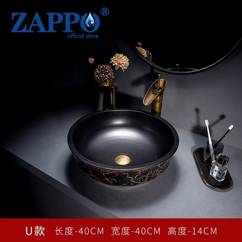 ZAPPO Round Vessel Sink with Faucet Drain JinDezhen Ceramic Vessel Sinks Oval Bathroom Sink Bowl Above Counter with Mixer Tap