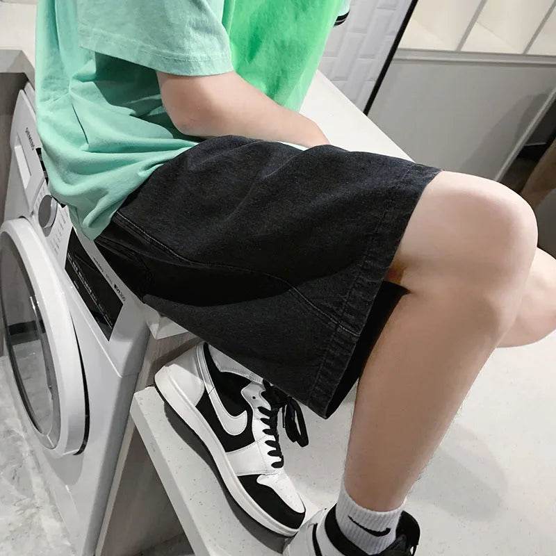 2025 Men's minimalist denim shorts with high-end washing technology from Europe and America, versatile basic five quarter pants - AIAZ