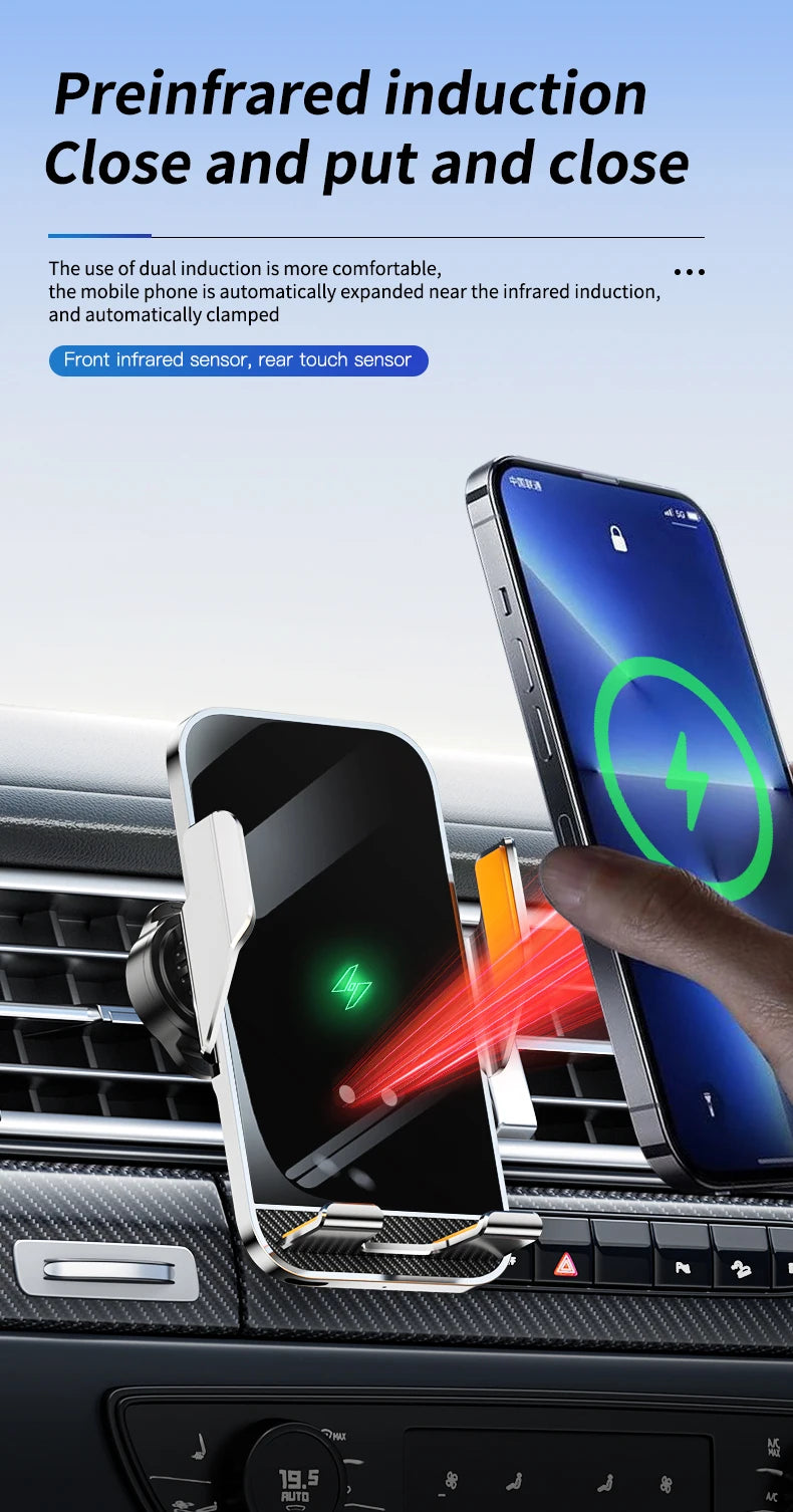 15W Wireless Car Phone Holder with Fast Charger Wireless Phone Charging Mobile Holder for Car for iPhone Huawei Samsung Xiaomi