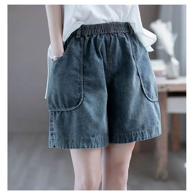 Summer Thin High-waisted Retro Denim Shorts for Women Loose Mid-pants New Wide-leg Large Pocket Five-point Pants - AIAZ